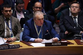 Algerian Ambassador to the U.N. Amar Bendjama addresses the U.N. Security Council after a vote on a United States-sponsored resolution calling for a ceasefire during the conflict between Israel and the Palestinian Islamist group Hamas failed to be adopted at U.N. headquarters in New York City, U.S., March 22, 2024.