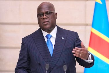 Congo's President Felix Tshisekedi speaks during a press conference with French President Emmanuel Macron at the Elysee Palace in Paris, France, April 30, 2024. Christophe Ena/Pool via