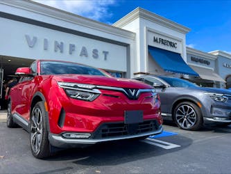 VinFast electric vehicles are parked before delivery to their first customers at a store in Los Angeles, California, U.S.,  March 1, 2023.