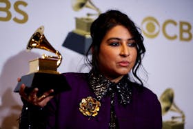 Arooj Aftab poses with her Grammy for Best Global Music performance during the 64th Annual Grammy Awards at the MGM Grand Garden Arena in Las Vegas, Nevada, U.S., April 3, 2022.