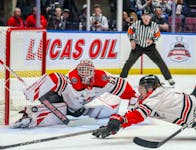 Bay Roberts goaltender Riley Mercer stretches for save against the Moose Jaw Warriors during the Drummondville Voltigeurs last round robin game at the 2024 Memorial Cup. The Voltigeurs lost the game 5-3 and were eliminated from the tournament. Photo courtesy Eric Young/Dream Bigger Media