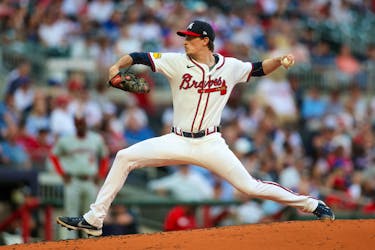 May 28, 2024; Atlanta, Georgia, USA; Atlanta Braves starting pitcher Max Fried (54) throws against the Washington Nationals in the second inning at Truist Park. Mandatory Credit: Brett Davis-USA TODAY Sports