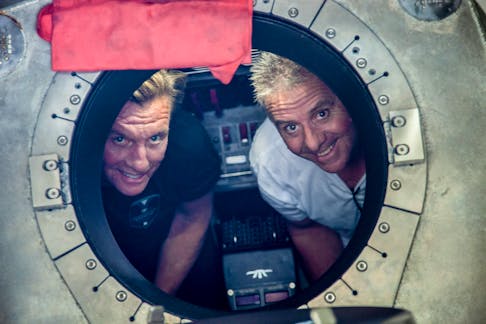 A photo provided by Connor Group shows Larry Connor, left, with Patrick Lahey during a 2021 trip to Mariana Trench in the Western Pacific Ocean, where they went on a series of deep dives. Larry Connor, 74, who made his wealth in real estate, said he’s building a new acrylic-hulled submersible that will be certified and rigorously tested to show that deep sea exploration is safe. NO SALES; FOR EDITORIAL USE ONLY WITH NYT STORY SLUGGED TITANIC SUBMERSIBLE BY EMILY SCHMALL AND ORLANDO MAYORQUÍN FOR MAY 28, 2024. ALL OTHER USE PROHIBITED. --