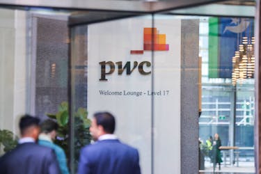 PwC sign is seen in the lobby of their offices in Barangaroo, Australia June 22, 2023.