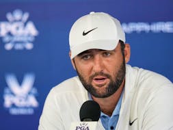 Scottie Scheffler speaks during a news conference after the second round of the PGA Championship golf tournament at the Valhalla Golf Club.