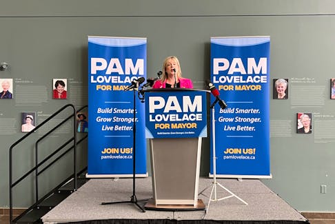 Pam Lovelace announces her intention to run for mayor of the Halifax Regional Municipality at a news conference at Mount Saint Vincent University in Halifax on Friday, May 3, 2024. - Nicole Munro