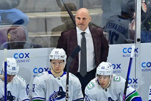 Apr 3, 2024; Tempe, Arizona, USA; against the Vancouver Canucks head coach Rick Tocchet looks on in the first period against the Arizona Coyotes at Mullett Arena. Mandatory Credit: Matt Kartozian-USA TODAY Sports/File Photo