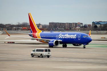 A Southwest Airlines Co. Boeing 737 MAX 8 aircraft taxis after landing at Midway International Airport in Chicago, Illinois, U.S., March 13, 2019.