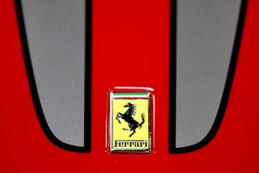 The logo of Ferrari is seen on a car during the Prague Autoshow in Prague, Czech Republic, April 13, 2019.