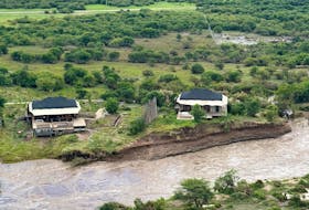 A view from a helicopter shows safari lodges near the river within the flooded area following heavy rainfall in the Talek region, of the Maasai Mara National Reserve in southwestern Kenya, May 1, 2024. Mara Elephant Project/Handout via REUTERS THIS IMAGE HAS BEEN SUPPLIED BY A THIRD PARTY. MANDATORY CREDIT.