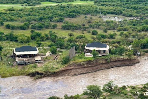 A view from a helicopter shows safari lodges near the river within the flooded area following heavy rainfall in the Talek region, of the Maasai Mara National Reserve in southwestern Kenya, May 1, 2024. Mara Elephant Project/Handout via REUTERS THIS IMAGE HAS BEEN SUPPLIED BY A THIRD PARTY. MANDATORY CREDIT.