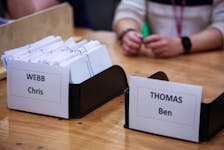 A tray full of counted votes of the Labour party candidate Chris Webb is seen on a table during counting at the Blackpool South Parliamentary by-election, in Blackpool, Britain, May 3, 2024.