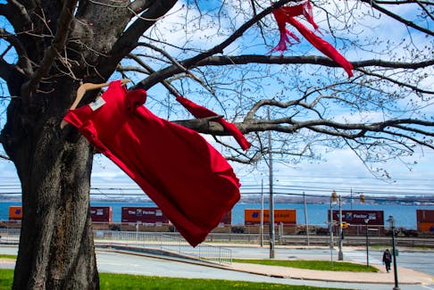 Red dresses flutter in the wind following a Red Dress Day event at Mount Saint Vincent University on Friday, May 3, 2024. Sunday is the national day of awareness for missing and murdered women, girls, and 2SLGBTQI+ people.
Ryan Taplin - The Chronicle Herald