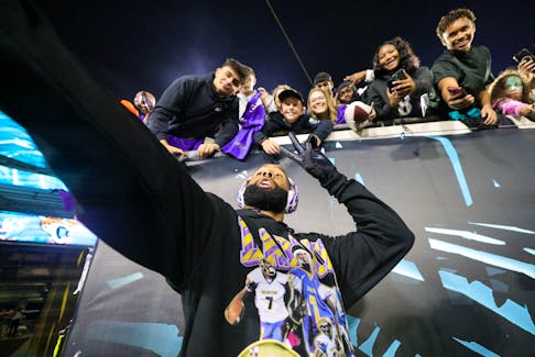 Dec 17, 2023; Jacksonville, Florida, USA; Baltimore Ravens wide receiver Odell Beckham Jr. (3) takes a selfie with fans before a game against the Jacksonville Jaguars at EverBank Stadium. Mandatory Credit: Nathan Ray Seebeck-USA TODAY Sports/File Photo