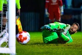 Halifax Wanderers goalkeeper Yann Fillion watches as the ball rolls into the net during a penalty shootout against CS Saint-Laurent in Telus Canadian Championship preliminary play Thursday night at the Wanderers Grounds. - CANADIAN PREMIER LEAGUE