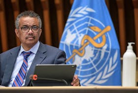 World Health Organization (WHO) Director-General Tedros Adhanom Ghebreyesus attends a news conference organized by Geneva Association of United Nations Correspondents (ACANU) amid the COVID-19 outbreak, caused by the novel coronavirus, at the WHO headquarters in Geneva Switzerland July 3, 2020. Fabrice Coffrini/Pool via