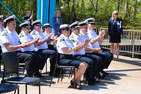 Officers clap after Minister Diane Lebouthillier is introduced during the federal funding announcement at the Canadian Coast Guard College in Westmount on Thursday. NICOLE SULLIVAN / CAPE BRETON POST