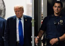Former US President Donald Trump returning to the courthouse moments before hearing that the jury had a verdict in his criminal trial in New York State Supreme Court in New York, New York, USA, 30 May 2024. JUSTIN LANE/Pool via REUTERS