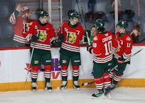 Haloifax Mooseheads Markus Vidicek, 2nd from right, and teammates celebrate his second goal of the 1st period against the Drummondville Votligeurs during QMJHL action  in Halifax Thursday December 7, 2023.

TIM KROCHAK PHOTO