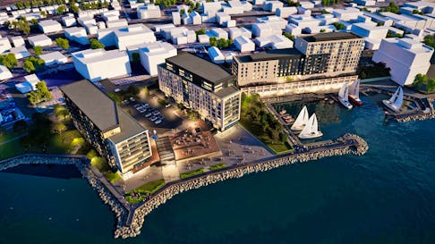 An artist rendering of the "Edgewater" complex being proposed for the Sydney waterfront by Doucet Developments. It plans to build it in two phases: a hotel/apartment building in phase one (in the right of the image) and a two-building residential and commercial complex in phase two. CONTRIBUTED/DOUCET DEVELOPMENTS