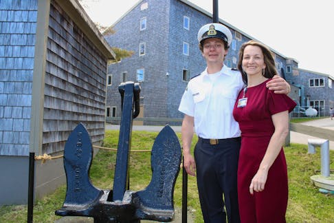 Avery Gale, 22, and his mother Lisa Gale at the Coast Guard College in Westmount on Thursday. Graduating with the class of 2024 on Saturday, Avery was recruited to the Coast Guard College after the youth rescued a man from drowning in 2018. NICOLE SULLIVAN / CAPE BRETON POST