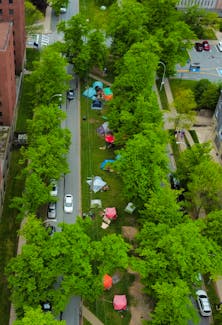 An aerial view of the encampment on the median on University Ave in Halifax Friday May 31, 2024.

TIM KROCHAK PHOTO