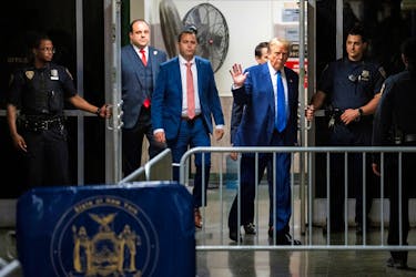 Republican presidential candidate, former U.S. President Donald Trump walks into the courtroom following a lunch break during the proceedings in his criminal trial at the New York State Supreme Court in New York, New York, Friday, May, 3, 2024. Doug Mills/Pool via