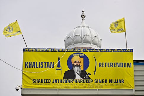 A banner is hanged at Guru Nanak Sikh Gurdwara, site of the 2023 murder of Sikh separatist leader Hardeep Singh Nijjar, in Surrey, British Columbia, Canada May 3, 2024. 