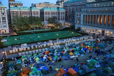 Students continue to maintain a protest encampment in support of Palestinians at Columbia University, during the ongoing conflict between Israel and the Palestinian Islamist group Hamas, in New York City, U.S., April 26, 2024.
