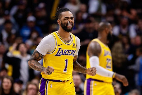 Apr 29, 2024; Denver, Colorado, USA; Los Angeles Lakers guard D'Angelo Russell (1) reacts after a play in the third quarter against the Denver Nuggets during game five of the first round for the 2024 NBA playoffs at Ball Arena. Mandatory Credit: Isaiah J. Downing-USA TODAY Sports/File Photo