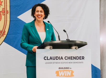 Nova Scotia NDP leader Claudia Chender speaks Saturday at the party's policy convention in Halifax. - Samson Photography