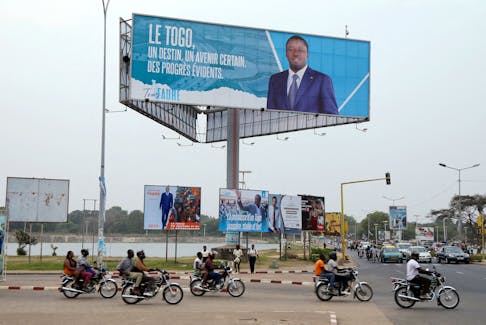 A billboard of Faure Gnassingbe is pictured on a street in Lome, Togo, February 19, 2020. Picture taken February 19, 2020.