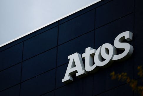 A view of the logo of French IT consulting firm Atos on a company's building in Nantes, France, April 22, 2024.