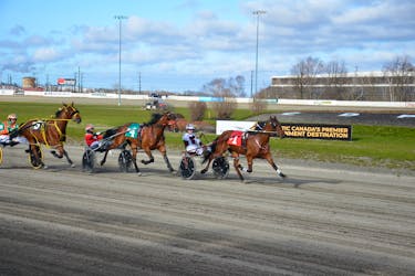 Trainer Jaycob Sweet drives Timberlea Lady, 1, to victory over Arts Beach and driver-trainer David Dowling, 4, and the Gilles Barrieau-driven Rollwithitdarling, 5, in the opening race of a 12-dash harness racing program at Red Shores Racetrack and Casino at the Charlottetown Driving Park on May 4. Time of the mile was 1:59.4. Jason Simmonds • The Guardian