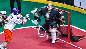 Randy Staats of the Halifax Thunderbirds tries to score against Albany FireWolves goaltender Doug Jamieson in quarter-final action April 28 in Albany, N.Y. Staats had two assists in the 9-3 loss. - NATIONAL LACROSSE LEAGUE