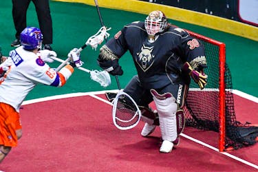 Randy Staats of the Halifax Thunderbirds tries to score against Albany FireWolves goaltender Doug Jamieson in quarter-final action April 28 in Albany, N.Y. Staats had two assists in the 9-3 loss. - NATIONAL LACROSSE LEAGUE