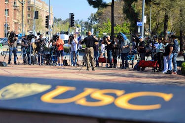 Earl Ofari Hutchinson calls on USC President Carol Folt to convene an emergency student dialogue for the protest encampment in support of Palestinians at the University of Southern California's Alumni Park, during the ongoing conflict between Israel and the Palestinian Islamist group Hamas, in Los Angeles, California, U.S., April 29, 2024.