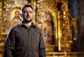 Ukraine's President Volodymyr Zelenskiy addresses Ukrainian people with Orthodox Easter message, as Russia's attack on Ukraine continues, at the Saint Sophia cathedral in Kyiv, Ukraine April 23, 2022.  Ukrainian Presidential Press Service/Handout via