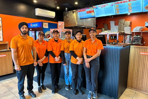 Some of the staff at Pizza 67 in Glace Bay. From left, Ravinder Singh, Sarabjeet Kaur, Arshdeep Kaur, Amandeep Kaur, Kiranpreet Kaur and Shibina Nanda. The restaurant serves Canadian and Indian food. CONTRIBUTED