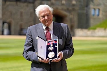 Sir David Attenborough poses for a picture after being appointed as Knight Grand Cross of the Order of St. Michael and St. George, following an investiture ceremony at Windsor Castle, Windsor, Britain June 8, 2022. Andrew Matthews/Pool via