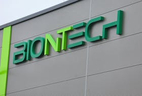 The logo of BioNTech is pictured at Biontech's research laboratory for individualised vaccines against cancer in Mainz, Germany, July 27, 2023.
