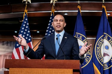 U.S. House of Representatives Democratic Leader Hakeem Jeffries (D-NY) gives his weekly press conference at the U.S. Capitol building in Washington, U.S., April 11, 2024.