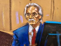 David Pecker is cross examined by Emil Bove during former U.S. President Donald Trump's criminal trial on charges that he falsified business records to conceal money paid to silence porn star Stormy Daniels in 2016, in Manhattan state court in New York City, U.S. April 26, 2024 in this courtroom sketch.