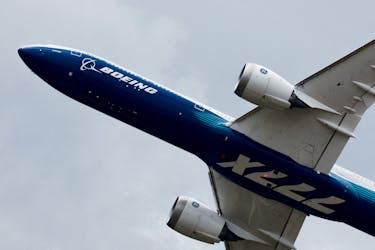 A Boeing 777-9, a variant of the 777X, performs a flying display at the 54th International Paris Airshow at Le Bourget Airport near Paris, France, June 20, 2023.