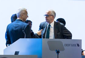 Chairman of Credit Suisse, Axel Lehmann and Credit Suisse CEO Ulrich Korner speak during Credit Suisse Annual General Meeting, two weeks after being bought by rival UBS in a government-brokered rescue, Hallenstadion, in Zurich, Switzerland, April 4, 2023.