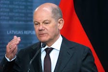 German Chancellor Olaf Scholz speaks during a press conference with Latvian Prime Minister Evika Silina, Estonian Prime Minister Kaja Kallas and Lithuanian Prime Minister Ingrida Simonyte, in Riga, Latvia May 6, 2024.