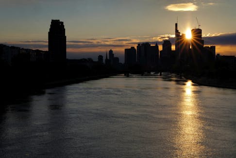 The skyline of the banking district is seen during sunset in Frankfurt, Germany, April 21, 2024. 