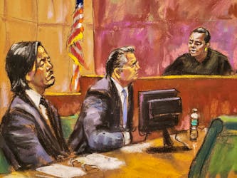Former Goldman Sachs banker Roger Ng, who is accused of helping to launder hundreds of millions of dollars looted from Malaysia's 1MDB sovereign wealth fund and bribing officials to win business, is sentenced by U.S. District Judge Margo Brodie in Brooklyn federal court in New York City, U.S. March 9, 2023 in this courtroom sketch.