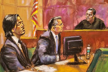 Former Goldman Sachs banker Roger Ng, who is accused of helping to launder hundreds of millions of dollars looted from Malaysia's 1MDB sovereign wealth fund and bribing officials to win business, is sentenced by U.S. District Judge Margo Brodie in Brooklyn federal court in New York City, U.S. March 9, 2023 in this courtroom sketch.
