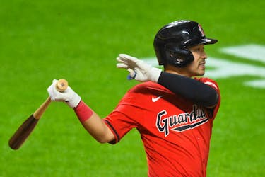 May 3, 2024; Cleveland, Ohio, USA; Cleveland Guardians left fielder Steven Kwan (38) singles in the eighth inning against the Los Angeles Angels at Progressive Field. Mandatory Credit: David Richard-USA TODAY Sports/File Photo